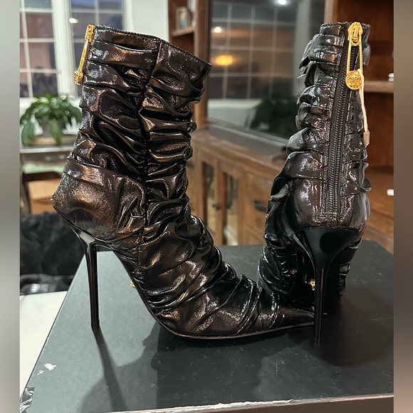 NIB Versace Safety Pin Ruched Ankle Booties Heels Black 37.5 - Picture 4 of 16